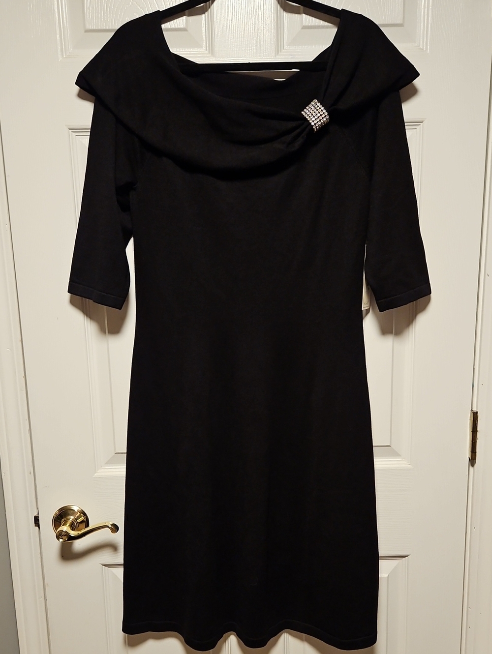 Eliza J Drape Shoulder Dress with Embellished Brooch